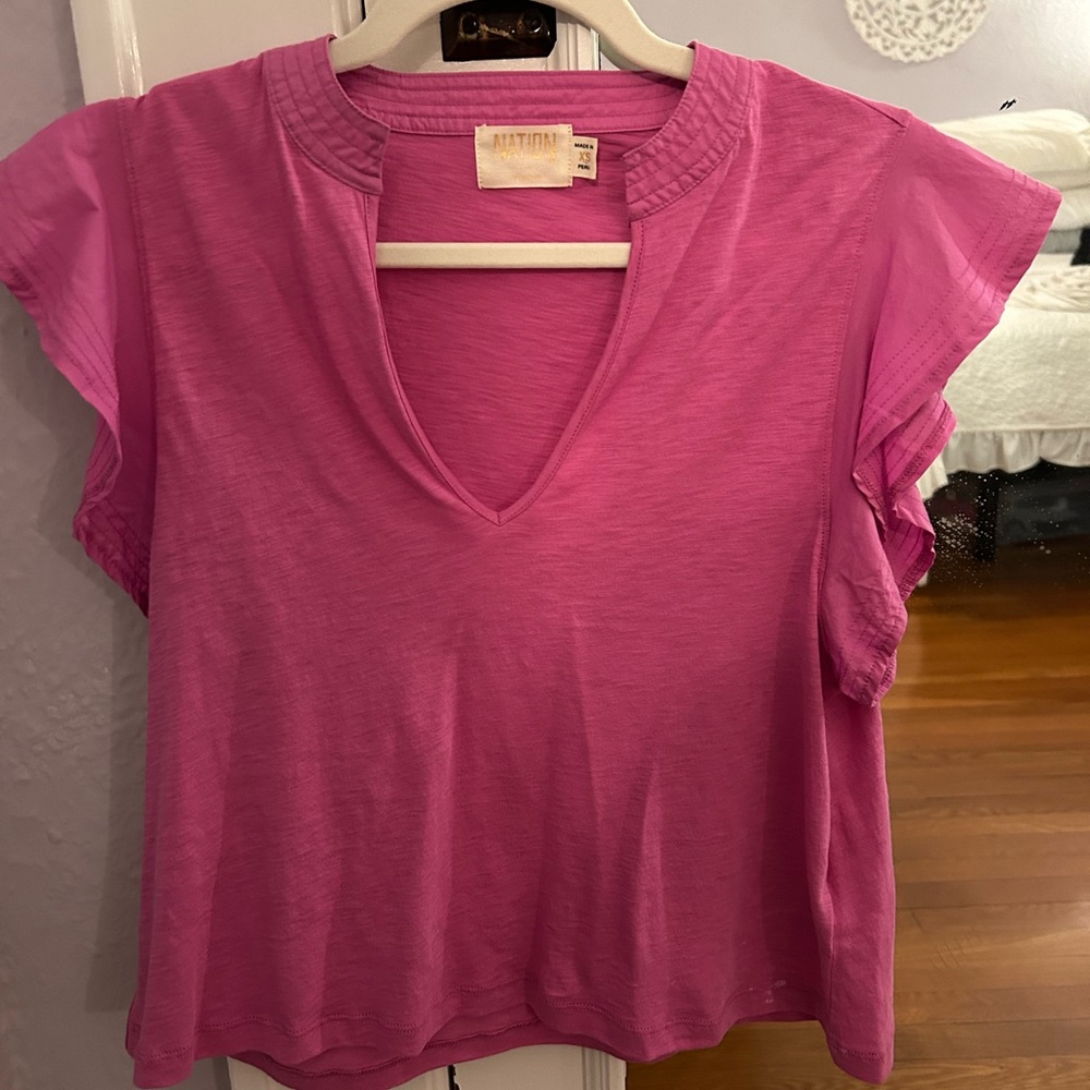 Pink V-Neck Short Sleeve Top - Women's- Size XS (Flutter Sleeve)